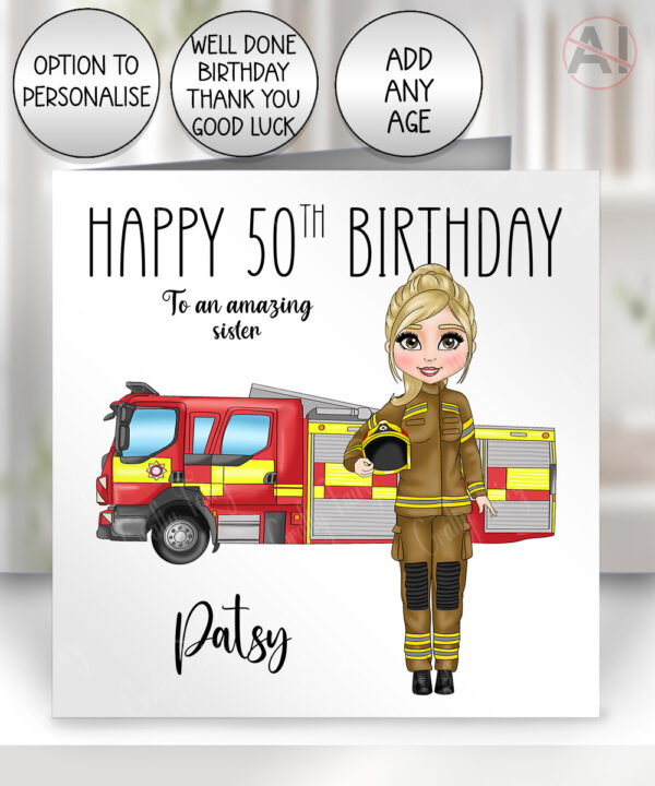 personalised female firefighter & fire engine happy birthday card