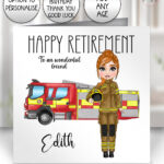 personalised female firefighter & fire engine happy birthday card