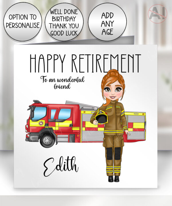 personalised female firefighter & fire engine happy birthday card