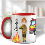 personalised female firefighter & fire engine mug gift