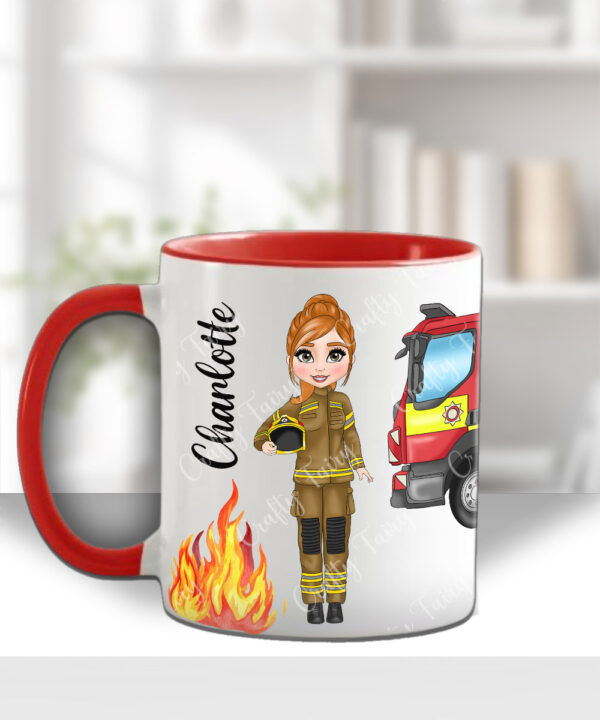 personalised female firefighter & fire engine mug gift