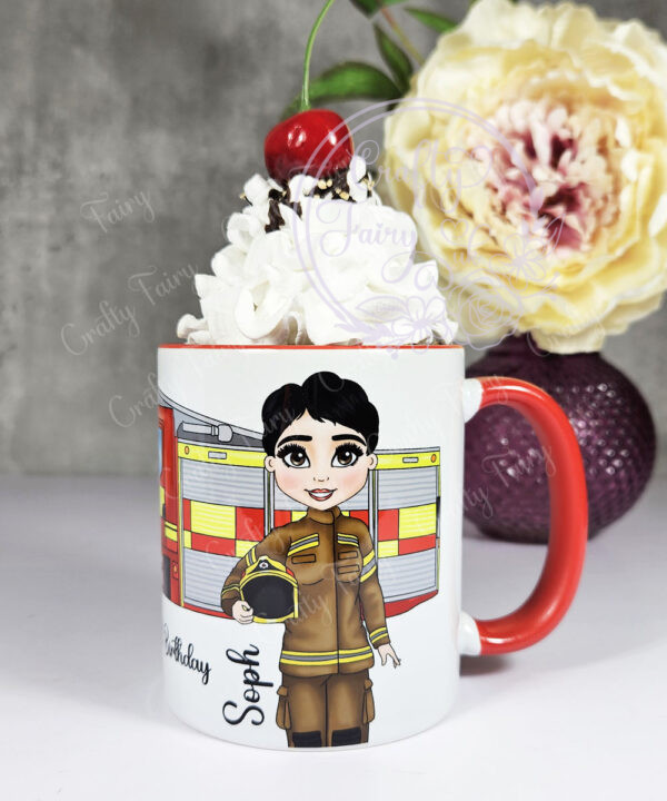 personalised female firefighter & fire engine mug gift