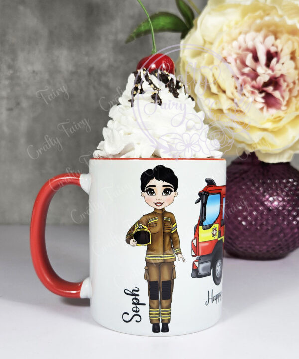 personalised female firefighter & fire engine mug gift