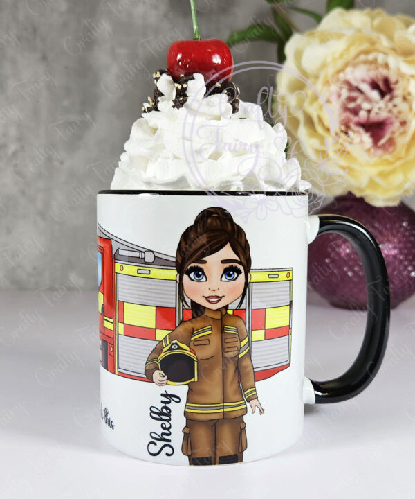 personalised female firefighter & fire engine mug gift