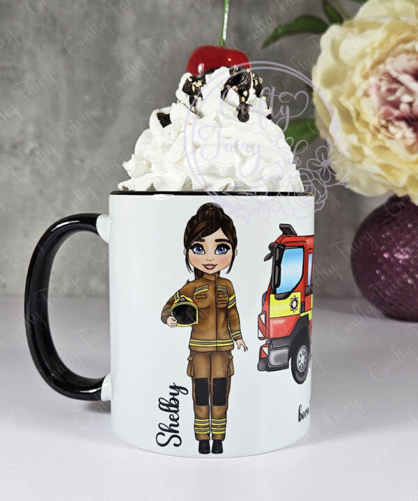 personalised female firefighter & fire engine mug gift
