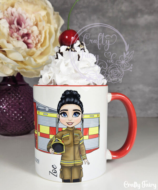 personalised female firefighter & fire engine mug gift