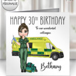 personalised female paramedic & ambulance happy birthday card