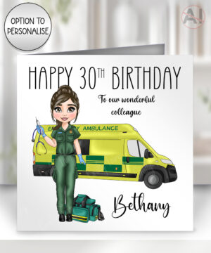 personalised female paramedic & ambulance happy birthday card