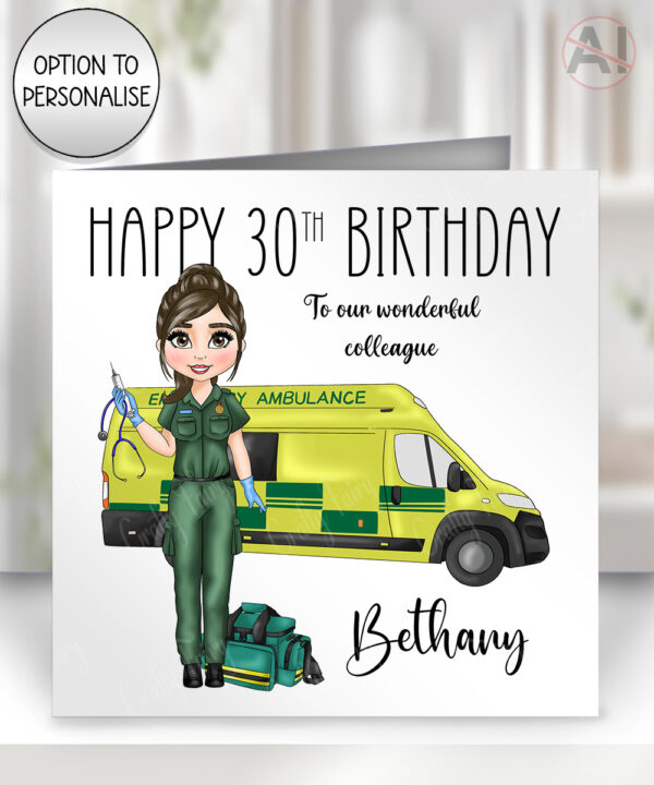 personalised female paramedic & ambulance happy birthday card