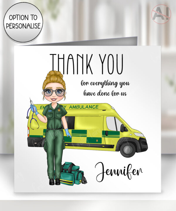 personalised female paramedic & ambulance happy birthday card
