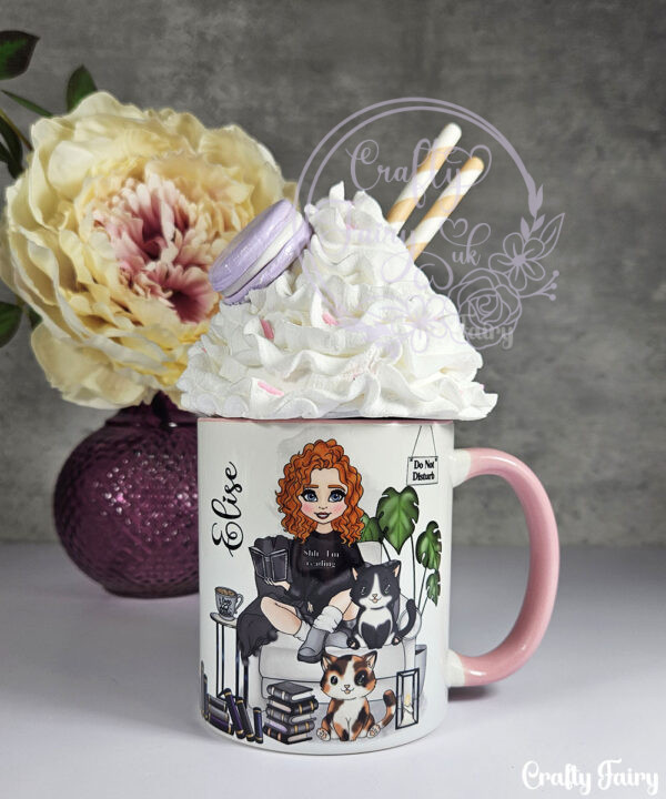 personalised book & cat lover mug gift for lady
