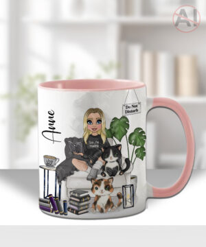 personalised book & cat lover mug gift for lady