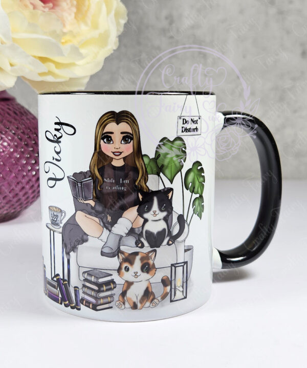 personalised book & cat lover mug gift for lady