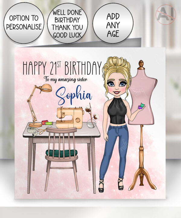personalised birthday card for sewist seamstress lady