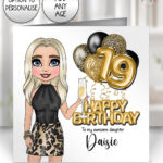 personalised birthday card for lady in leopard print top & skirt