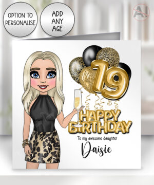 personalised birthday card for lady in leopard print top & skirt