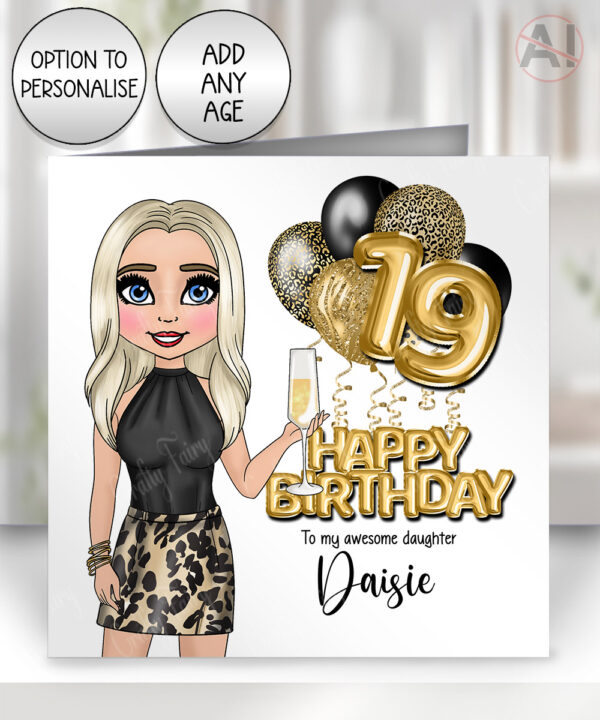 personalised birthday card for lady in leopard print top & skirt