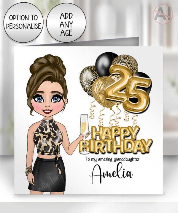 personalised birthday card for lady in leopard print top & skirt