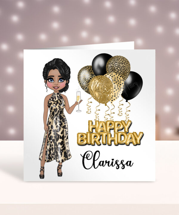 Personalised Birthday Card for Lady in Leopard Print Dress