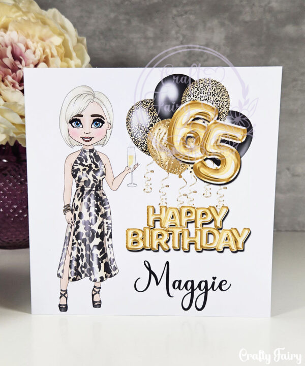 personalised birthday card for lady in leopard print dress