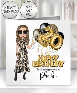 personalised birthday card for lady in leopard print dress