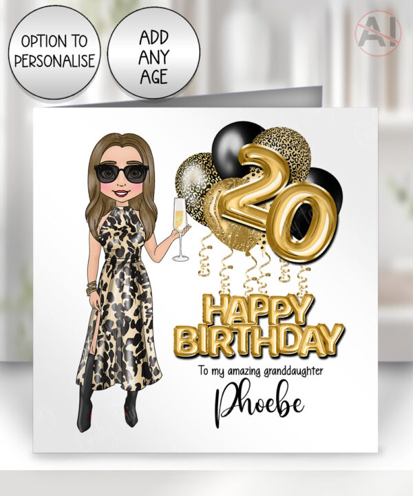 personalised birthday card for lady in leopard print dress