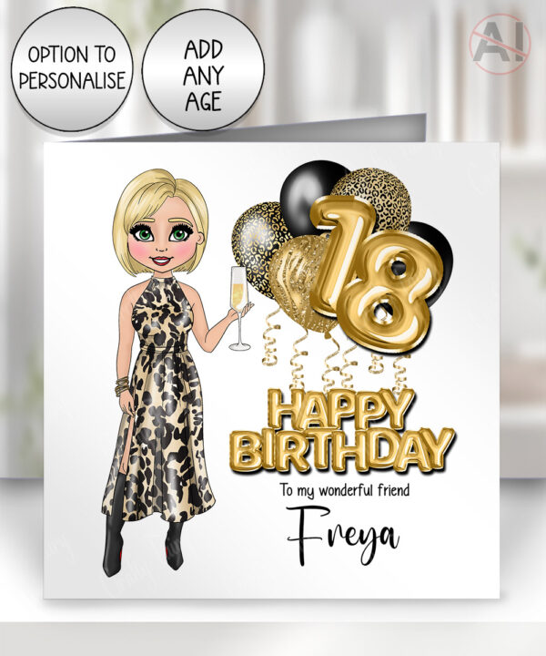 personalised birthday card for lady in leopard print dress