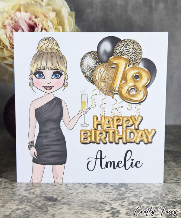 Personalised Birthday Card for Lady in Black Mini Dress V2