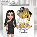 personalised birthday card for lady in black mini dress