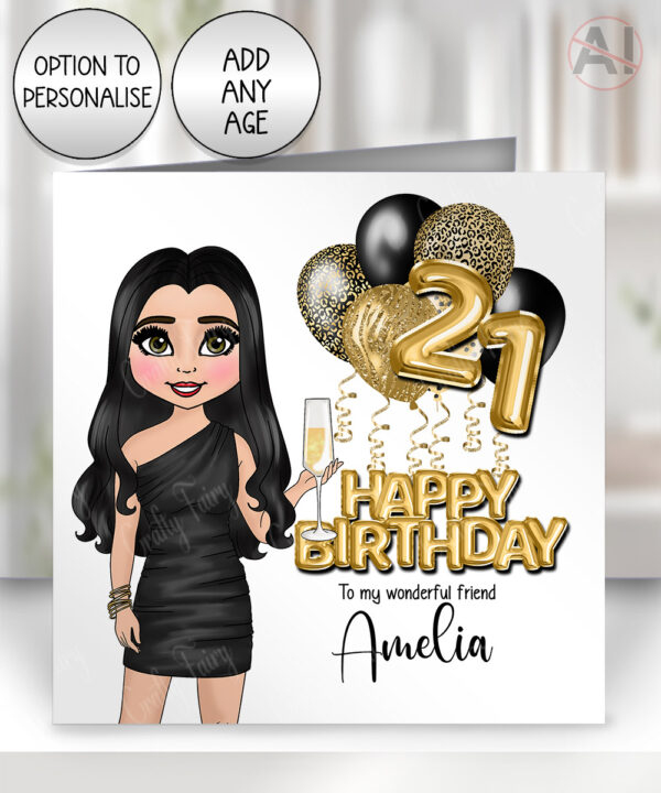 personalised birthday card for lady in black mini dress