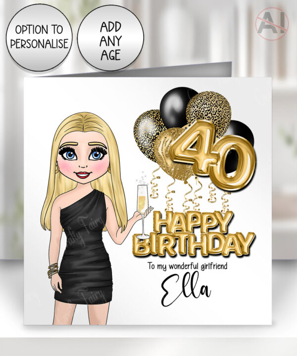 personalised birthday card for lady in black mini dress
