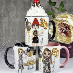 personalised birthday mug gift for lady in leopard print top & skirt