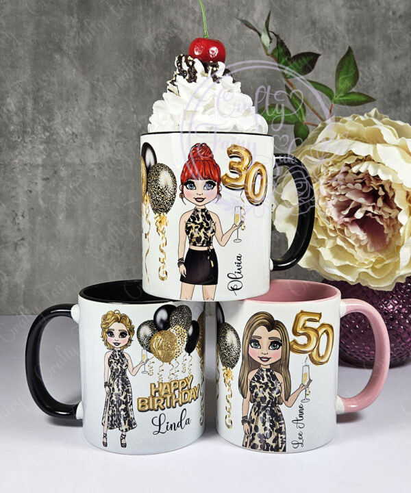 personalised birthday mug gift for lady in leopard print top & skirt
