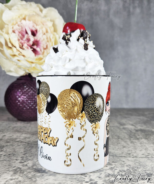 Personalised Birthday Mug Gift for Lady in Leopard Print Top & Skirt