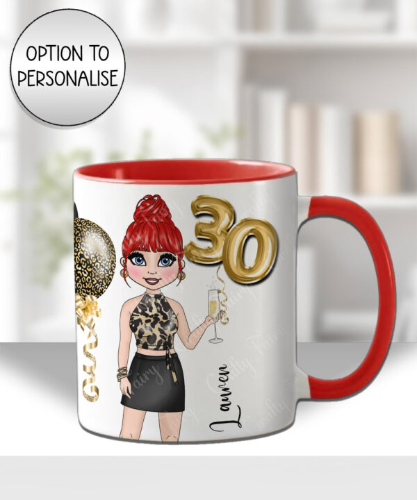 personalised birthday mug gift for lady in leopard print top & skirt