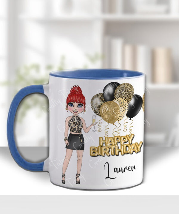 personalised birthday mug gift for lady in leopard print top & skirt