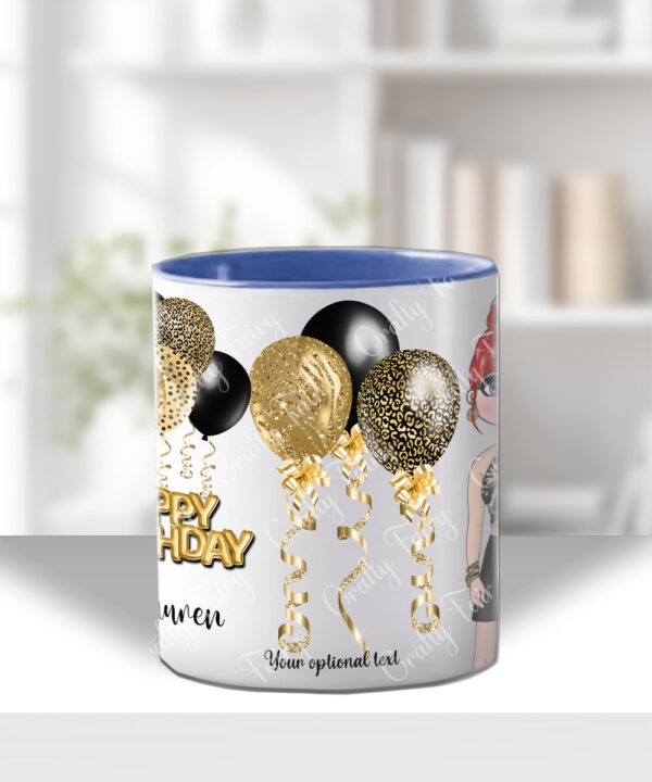 personalised birthday mug gift for lady in leopard print top & skirt