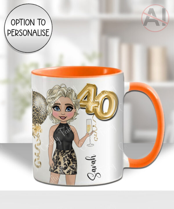 personalised birthday mug gift for lady in leopard print top & skirt