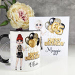 personalised birthday mug gift for lady in leopard print top & skirt