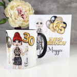 personalised birthday mug gift for lady in leopard print top & skirt
