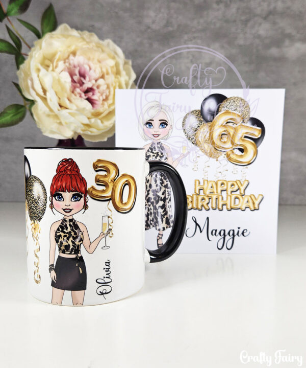 personalised birthday mug gift for lady in leopard print top & skirt