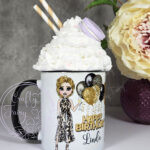 personalised birthday mug gift for lady in leopard print dress
