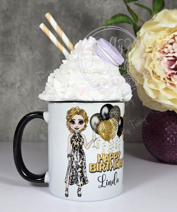 personalised birthday mug gift for lady in leopard print dress