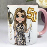 personalised birthday mug gift for lady in leopard print dress