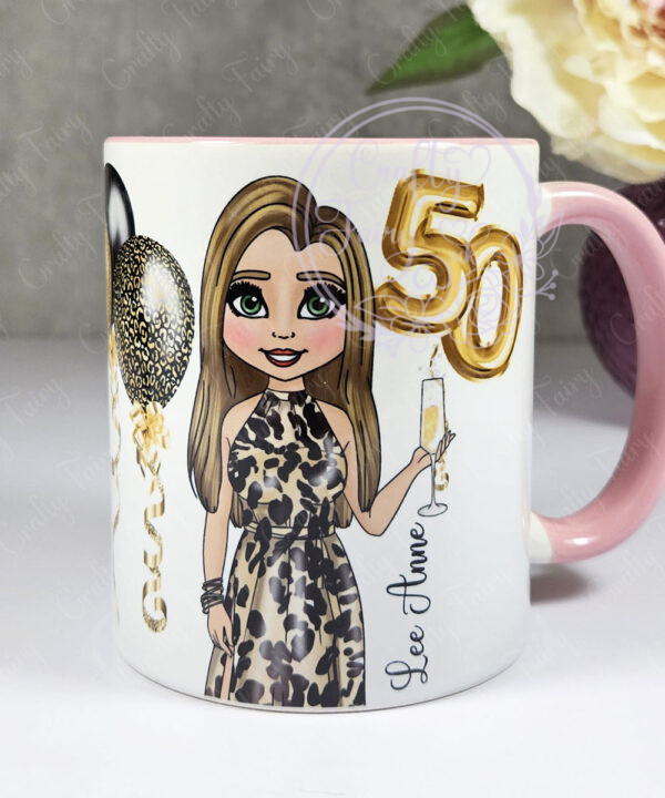 personalised birthday mug gift for lady in leopard print dress