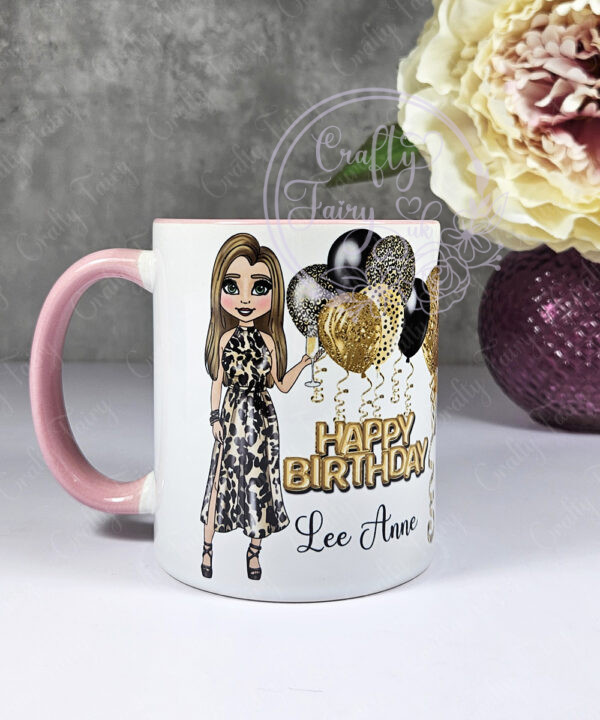 personalised birthday mug gift for lady in leopard print dress
