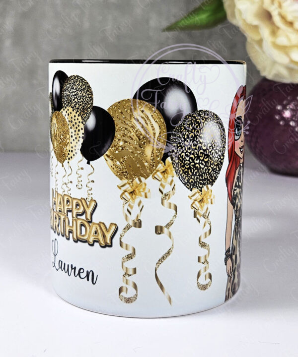 personalised birthday mug gift for lady in leopard print dress