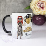 personalised birthday mug gift for lady in leopard print dress