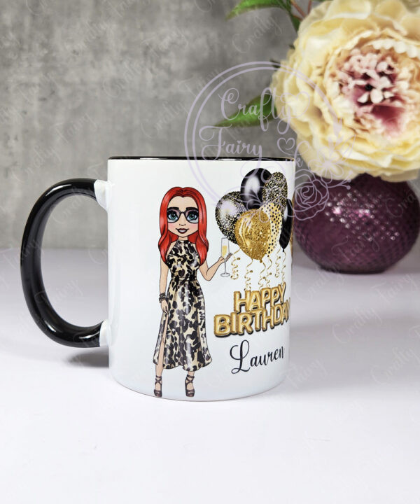 personalised birthday mug gift for lady in leopard print dress