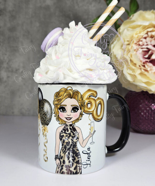 personalised birthday mug gift for lady in leopard print dress